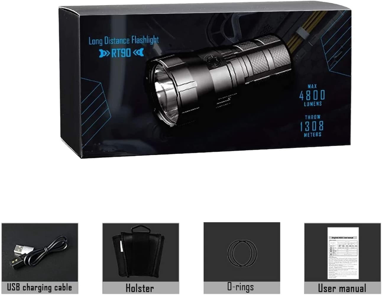 The Brightest Flashlight in The World 4800 LumensFlashlight Glare Flashlight Camping Light Waterproof IPX-8 1308M Rechargeable 18500 Battery 5 Level LED Glare Flashlight