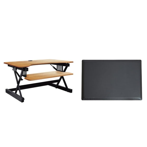 40" Large Adjustable Standing Desk Converter/Anti Fatigue Mat Bundle - Teak Wood