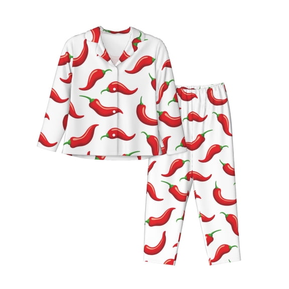 Pajamas for Women Set - red Chili Pepper pattern Comfy Long Sleeve Button Up Pajama Sets for Women 2 Piece, Soft Sleepwear Nightwear Pjs Lounge Sets for Women with Pockets