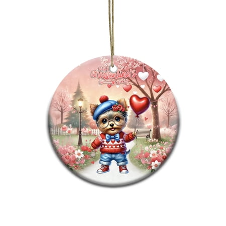 Happy Valentine’s Day Adorable Yorkshire Terrier Puppy Holding Heart Balloon Ceramic Round Ornament Yorkie Dog Lover Gifts Home Tree Decor - 00030