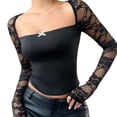 thumbnail image 2 of Women's Floral Lace T Shirt Square Neck Long Sleeve Fitted Y2k Crop Tops, 2 of 9