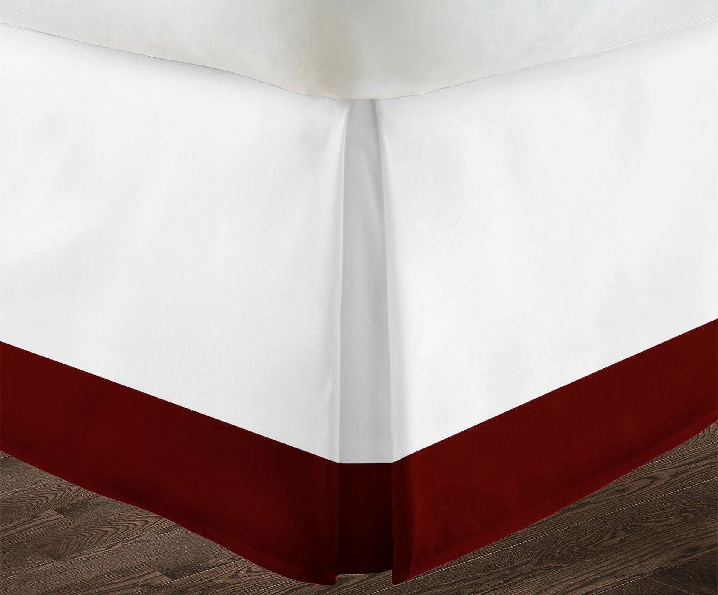 1 Piece Split Corner Two Tone Tailored Bed Skirt By D.N.G. BEDDINGS, Twin Size 18 Inch Deep Pocket, 800 TC, 100% Egyptian Cotton, Solid White/Burgundy Color.