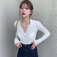 thumbnail image 2 of Women Notched Lapel Knitted Sweater Casual Solid Color Long Sleeve Slim Fit Fall Knit Pullovers Jumper Tops Knitwear T-shirt White, 2 of 5