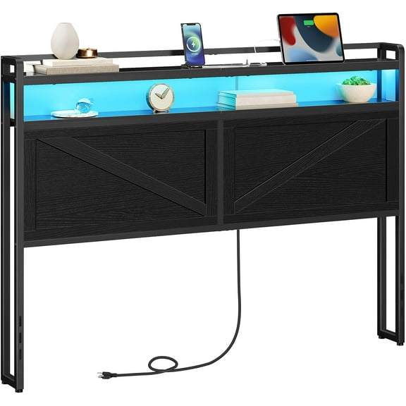 HOOBRO Queen Size Headboard with Charging Station and LED Light Strip 2-Tier Storage Height Adjustable Black BB55UDBH01