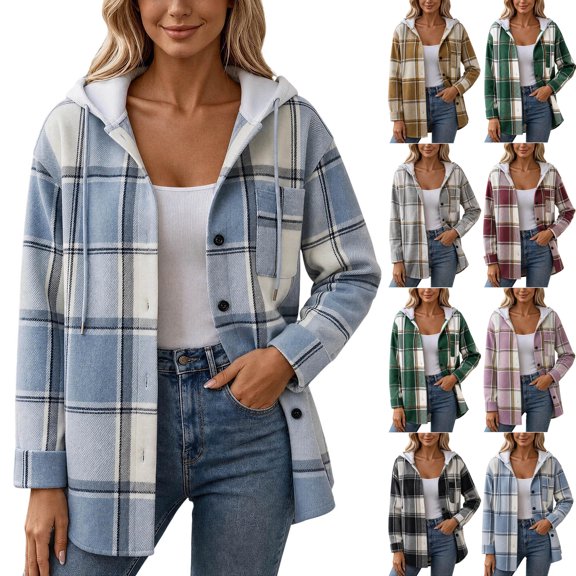 Open Front Plaid Cardigan for Women Button Down Long Sleeve Hooded Coat Outerwear with Chest Pocket