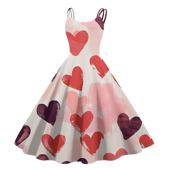 LWavelet Valentine's 2026 Satin Heart Dress Women, Romantic Rose Print Sleeveless A Line Flowy Party Sundresses Red 2XL