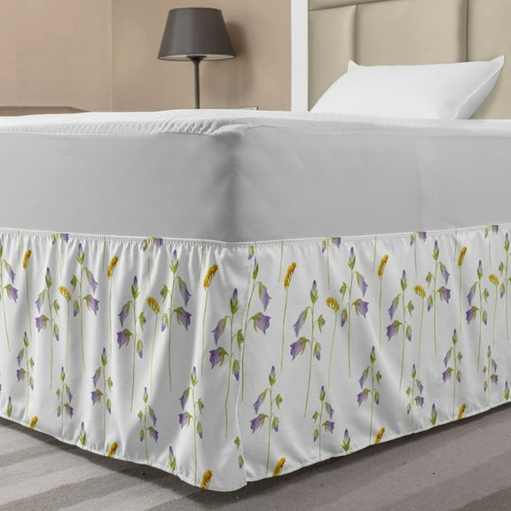 Floral Bed Skirt, Simplistic Flowers Spring Tones Plain Background, Elastic Bedskirt Dust Ruffle Wrap Around for Bedding Decor, 4 Sizes, Pale Mauve Earth Yellow, by Ambesonne