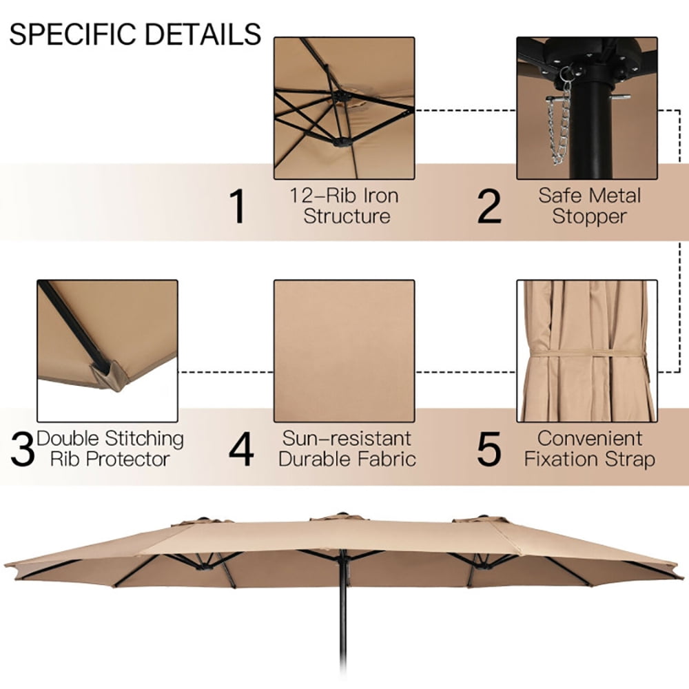 Aimee Lii 15 Feet Double-Sided Twin Patio Umbrella with Crank and Base, Sunbrella Patio Umbrellas, Brown Aimee Lii 15 Feet Double-Sided Twin Patio Umbrella with Crank and Base, Sunbrella Patio Umbrellas, Brown