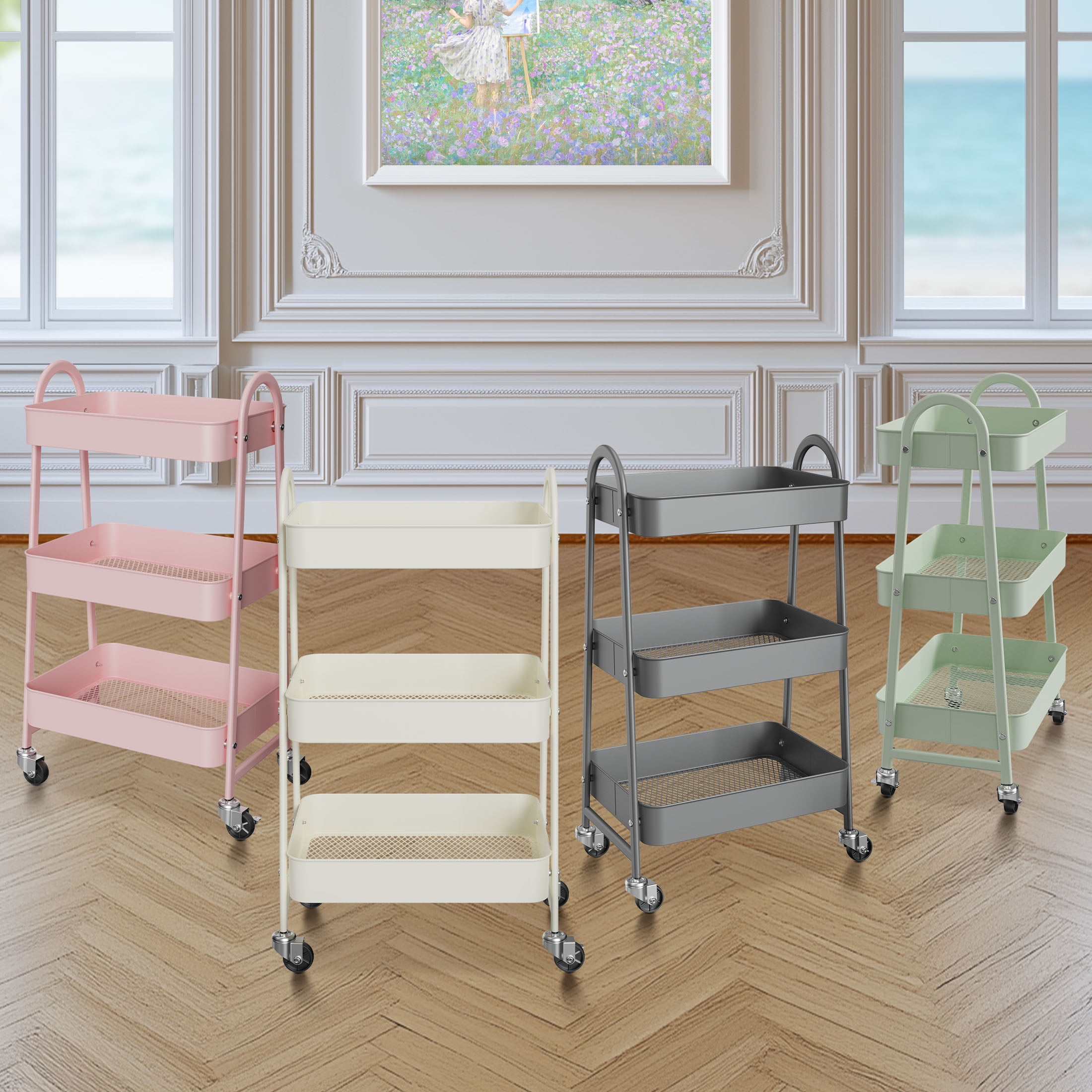 GIANNA 3 - Tier Utility Cart with Wheels, Mobile Shelving Metal Organizer Trolley Rolling Storage Shelves Unit Caster for Snack Narrow Places, Green