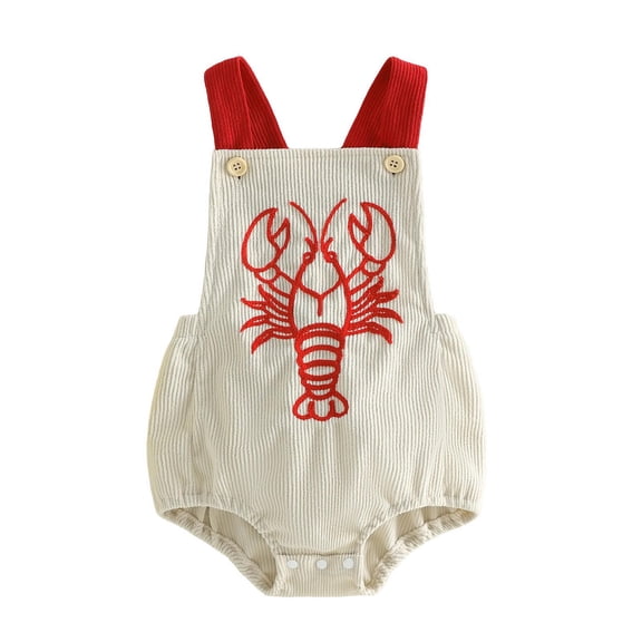 zaveiop Lobster Baby Outfit Boy Girl Summer Clothes Crawfish Sleeveless Backless Romper Corduroy Overalls Bodysuit (Beige, 3-6 Months)