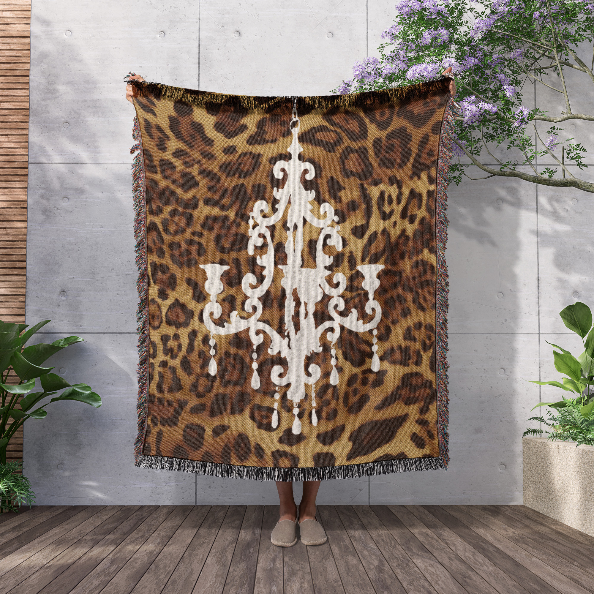 Fashionable Brown Leopard Print With White Chandelier, Woven Blanket