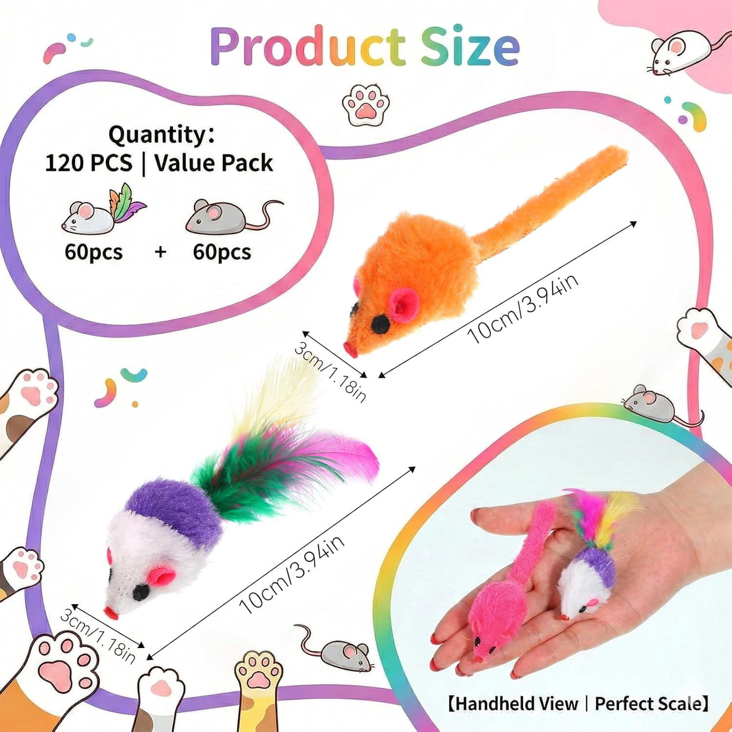 120 Pcs Fur Mice Cat Toys Furry Rattle Mouse Kitten Toy Assorted Interactive Cat Toys with Feather Tails for Indoor Cats Interactive Play Color Varies