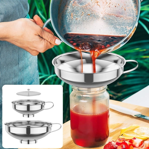 3Pack Jam Funnel with Strainer Food Grade Stainless Steel Canning Funnel Wide Mouth Jam Making Funnels Liquid with Handle Ideal for Kitchen Use Jams, Marmalade, Chutney and Relishes