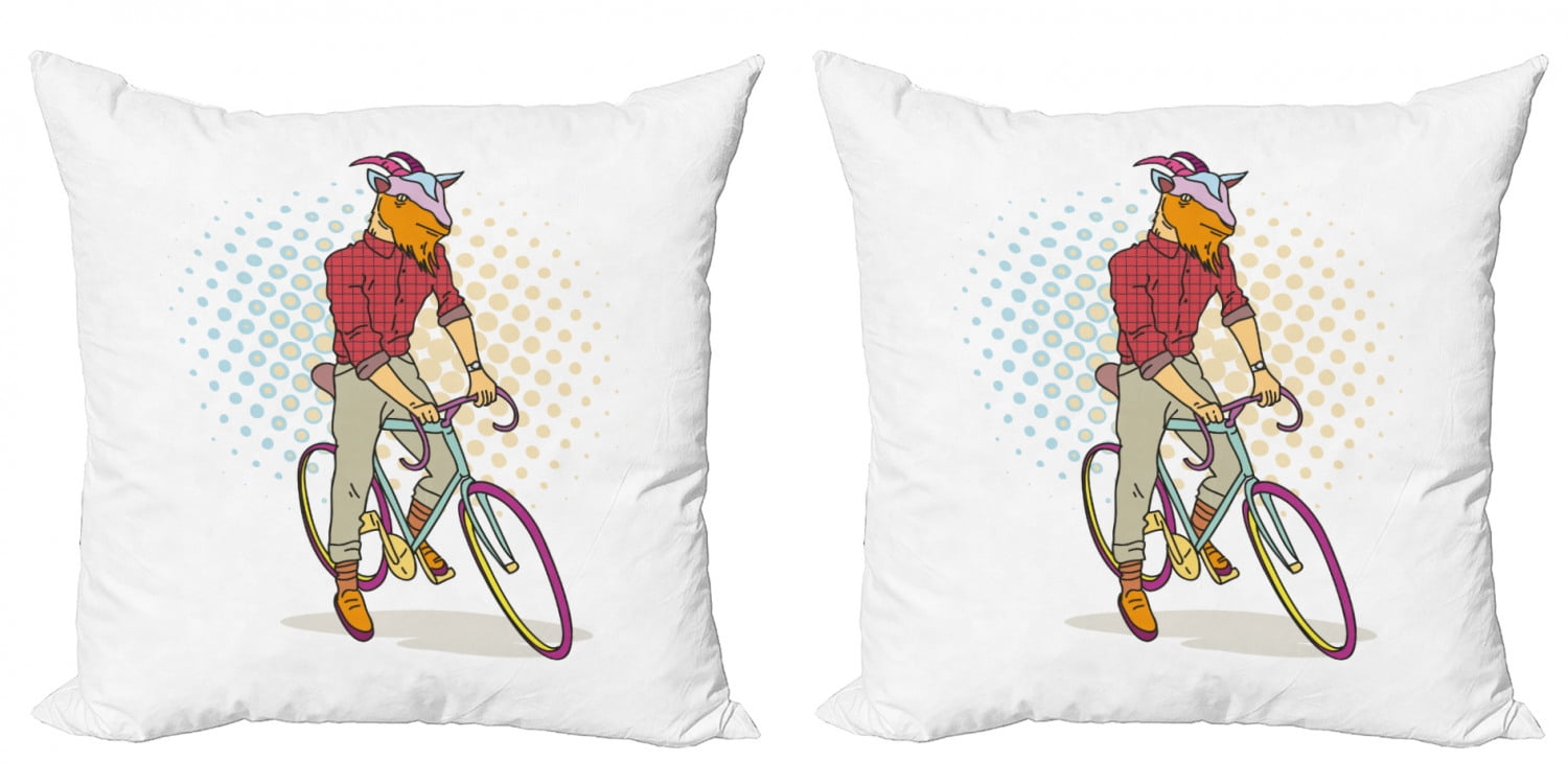 Retro Throw Pillow Cushion Cover Pack of 2, Hipster Goat on Bicycle