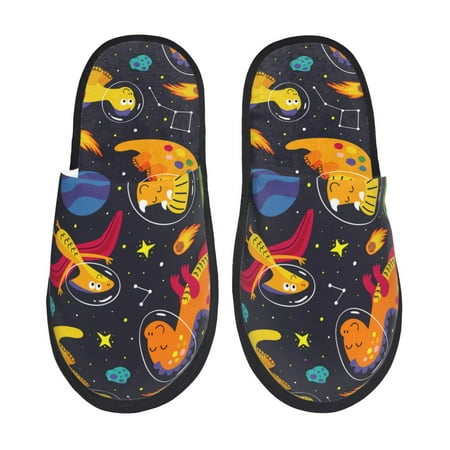 Balery Dinosaurs in Space Slient Indoor Furry Fleece Comfort House Shoes Soft Non-Slip Home Shoes Cotton slippers House Slippers-- Medium