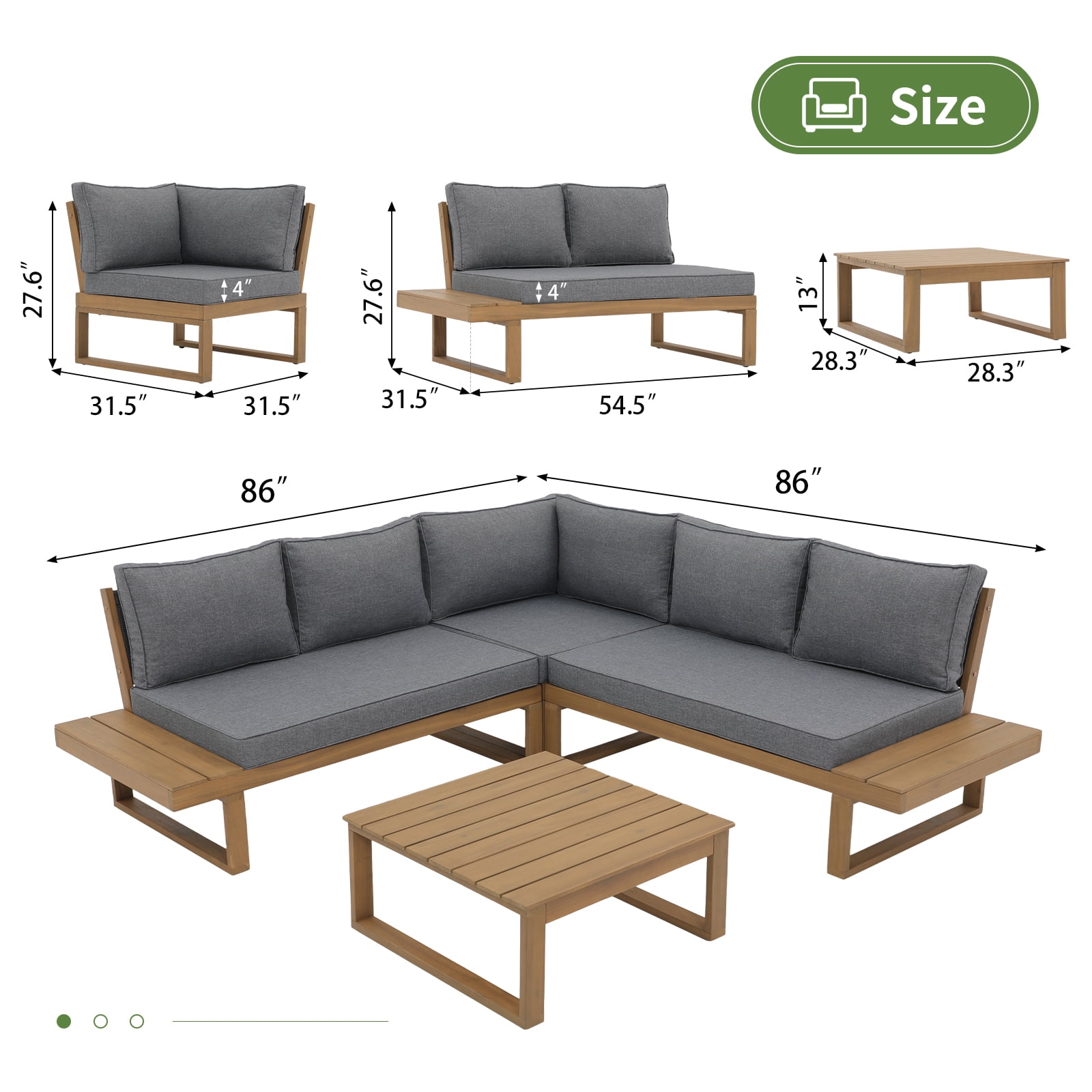 JOIVI Outdoor 4-Piece Acacia Wood Furniture Set, All-Weather Patio Sectional Sofa Set, Rope Lounge Couch with Wood Table, Gray Cushion