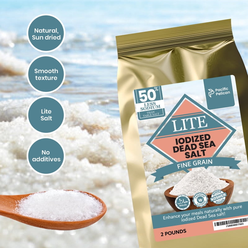 Pacific Pelican Iodized Dead Sea Lite Salt - Fine Grain | Unrefined Kosher, Natural Iodized, Low Sodium Salt for Cooking, Seasoning & Baking (2 lbs)