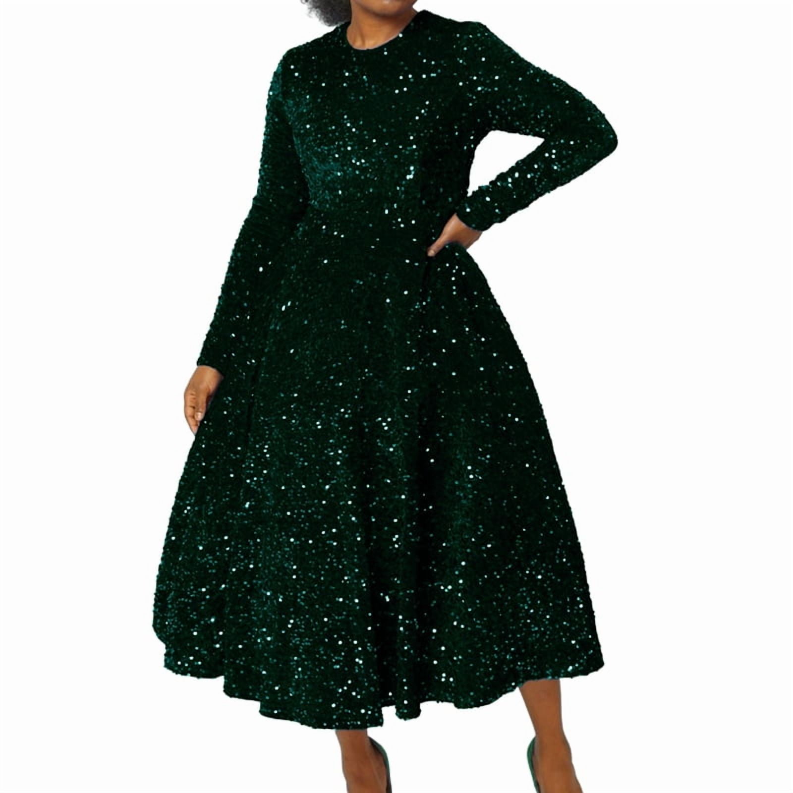 Women'S Sequin Plus Size Long Sleeve A-Line Flared Party Cocktail Sparkle Glitter Evening Shiny Maxi Dress Green XXL