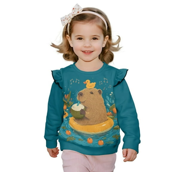 Xoenoiee Capybra Orange Duck Music Note Print Toddler Baby Girl Ruffle Sweatshirt Crewneck Long Sleeve Pullover Tops Little Kids Fall Winter Clothes, Size 1-2 Years