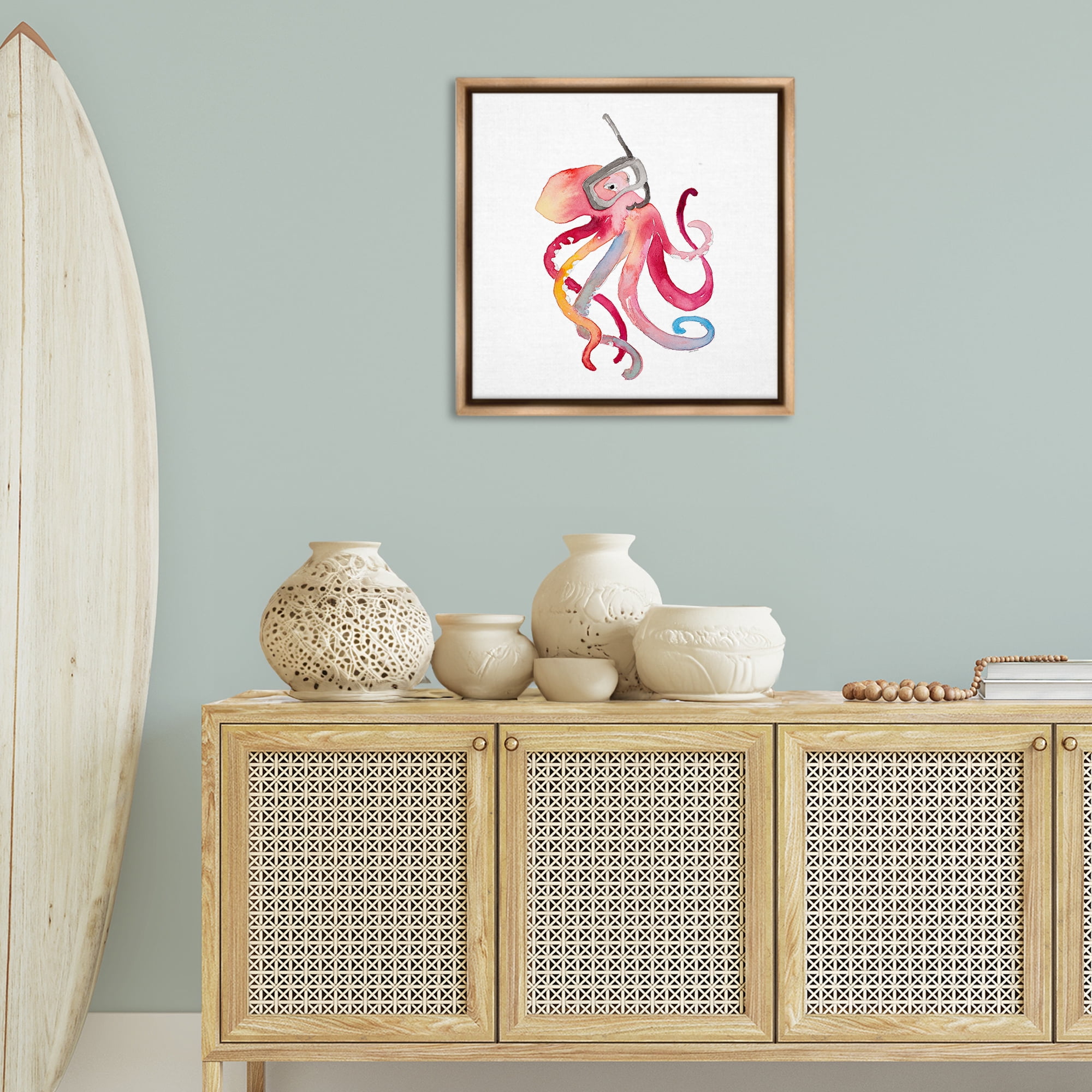 Stupell Industries Snorkel Mask Octopus Novelty Painting Brown Floater Framed Canvas Art Print Wall Art, 25 x 25