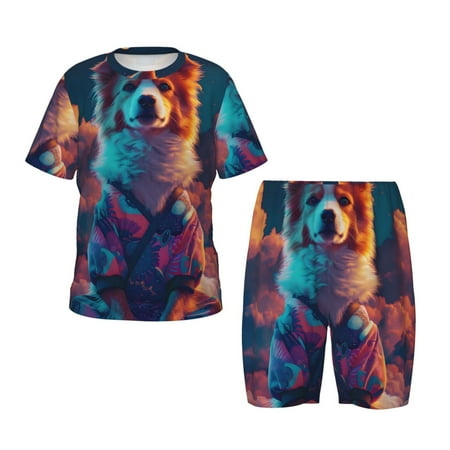 Luyuia Starry Sky White Cloud Puppy Print Girls  2-Piece Tie-Dye Pajama Set  Cute Summer Loungewear with Shirt and Tank Shorts Nightwear-3X-Large