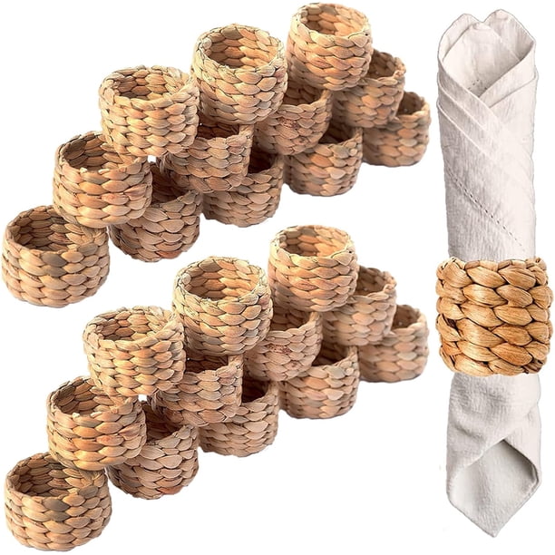Paquete de 24 servilleteros tejidos, anillos redondos bohemios hechos a mano por jacinto de agua natural, servilleteros de tela para fiestas, bodas, suministros para decoración de mesa de cena