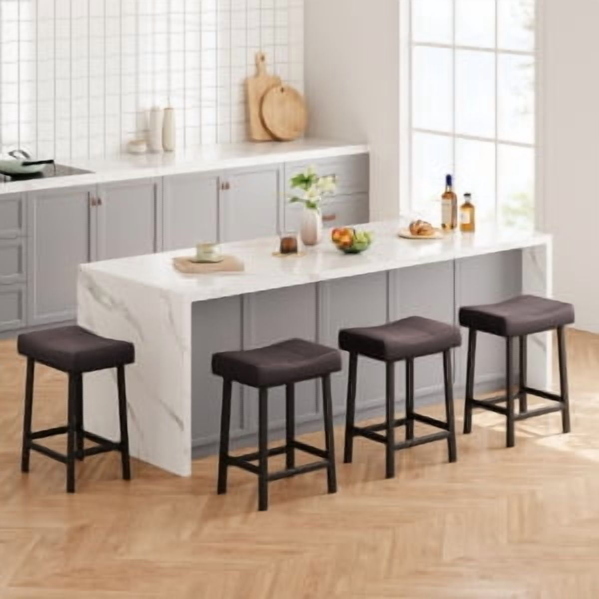 Acekid Bar Stool Set of 4&nbsp;– 24 Inch Counter Height, Upholstered Padded Seat with Curved Surface, Ergonomic Saddle Design for Kitchen/Home, Black + Brown Cushion