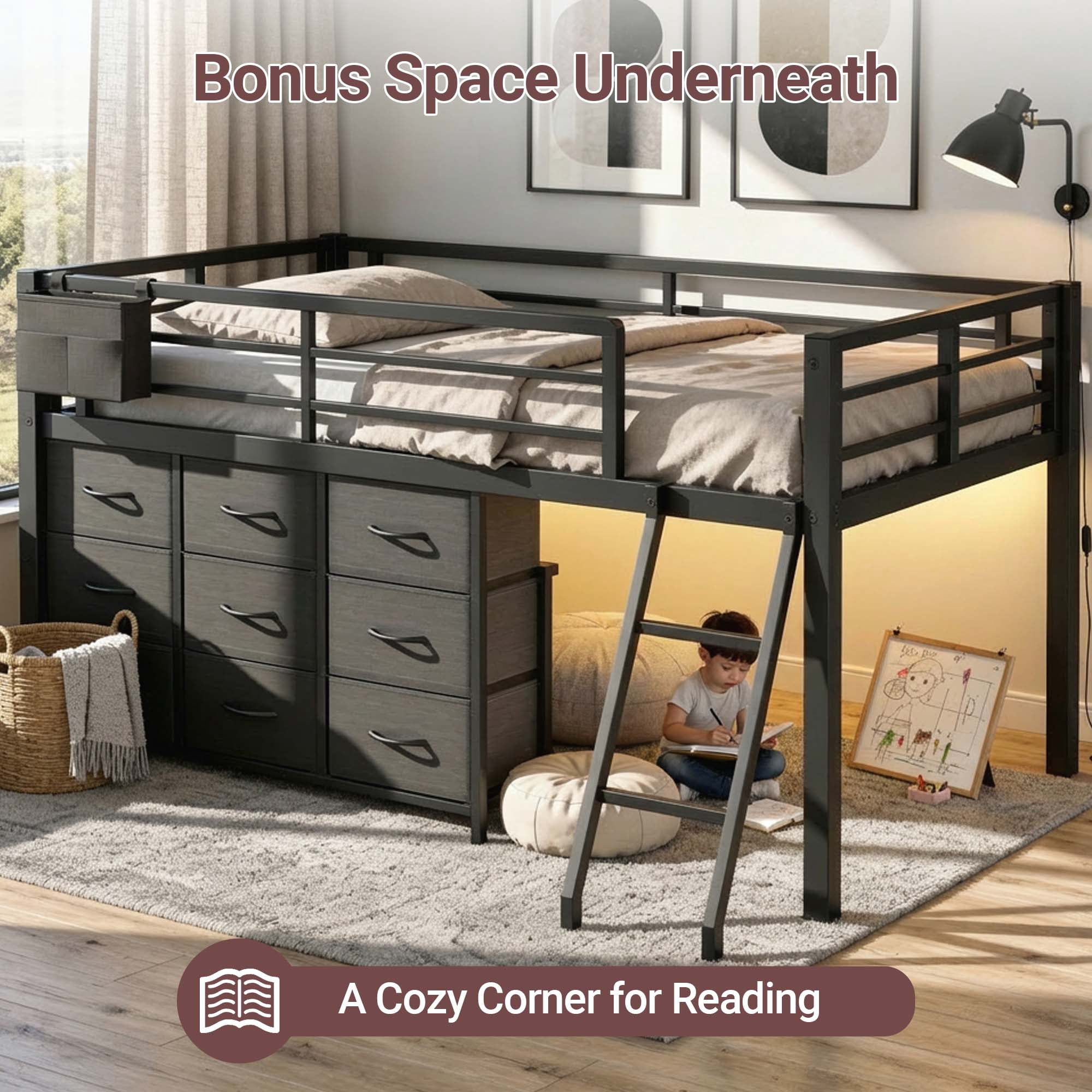 Twin Low Loft Bed with Storage, Metal Twin Loft Bed Frame with 9 Drawers, 2 Shelves, LED Lights and Charging Station, Black