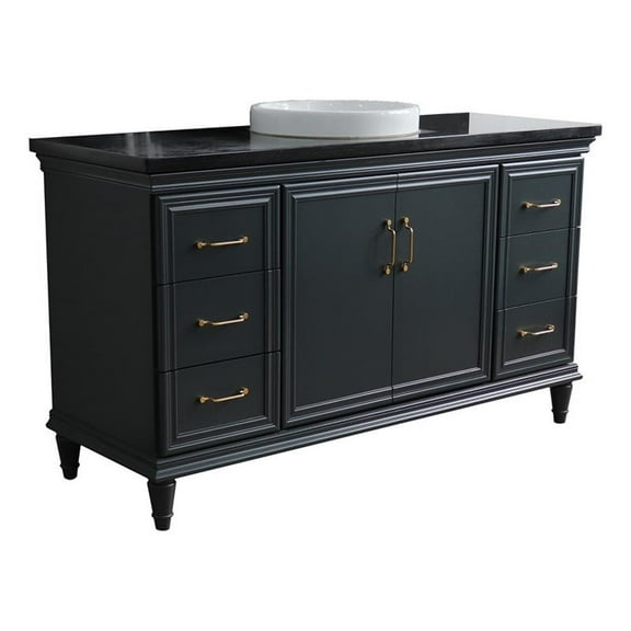 61 in. Single Wooden Vanity  Dark Gray Black Galaxy Granite Round Sink