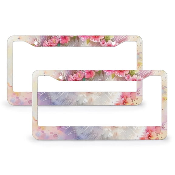 2 Pack Cute Cat Animal with Flowers License Plate Frames Cat And Flowers Spring License Plate Cover License Plate Novelty License Plate Frame Aluminum Metal 2 Holes Fits All Car