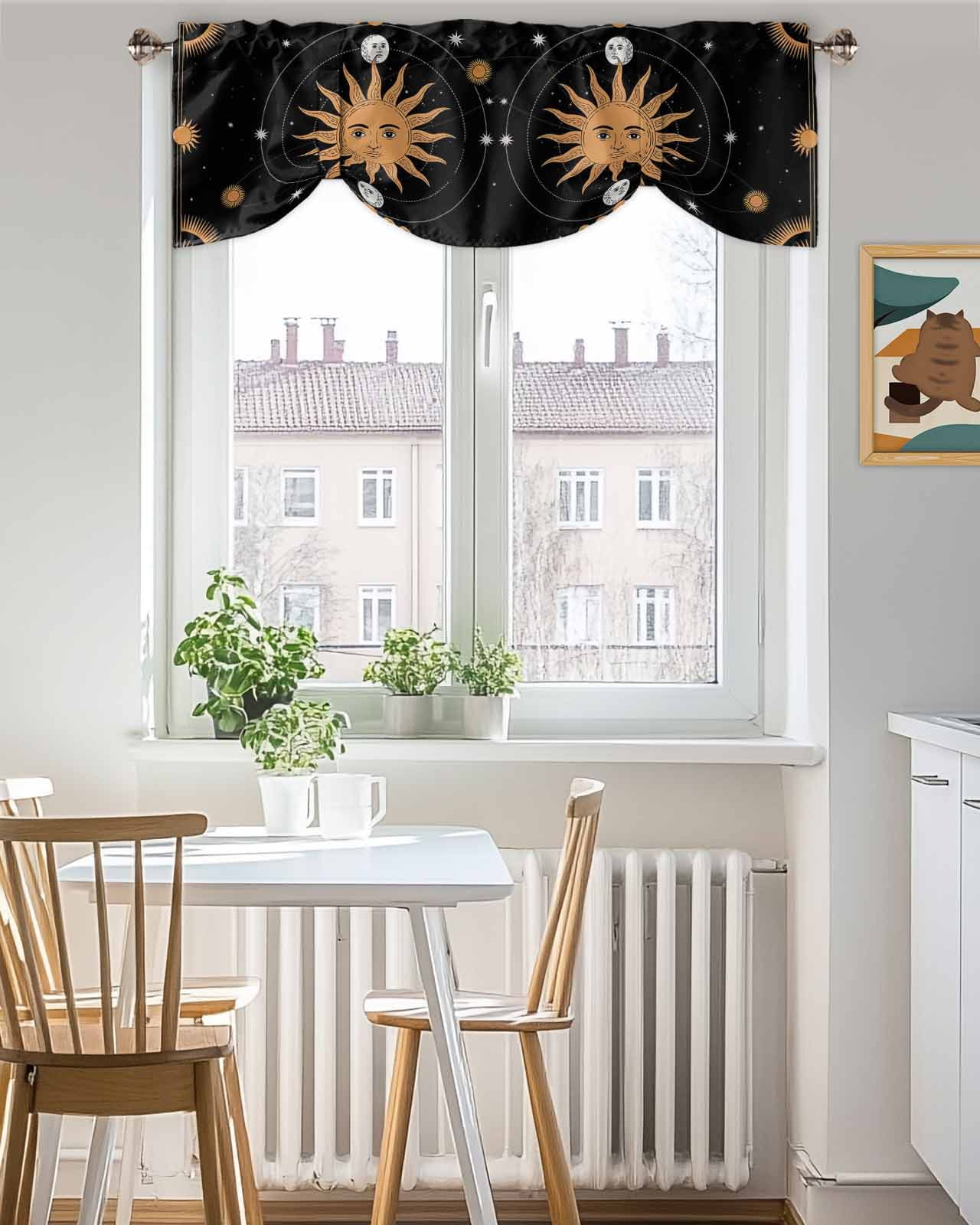 Tarot Tie Up Valances Curtain, Adjustable Kitchen Sun Moon Valances for Windows Decor, Rod Pocket Short Curtains Set for Bedroom/Bathroom, 60"x18"
