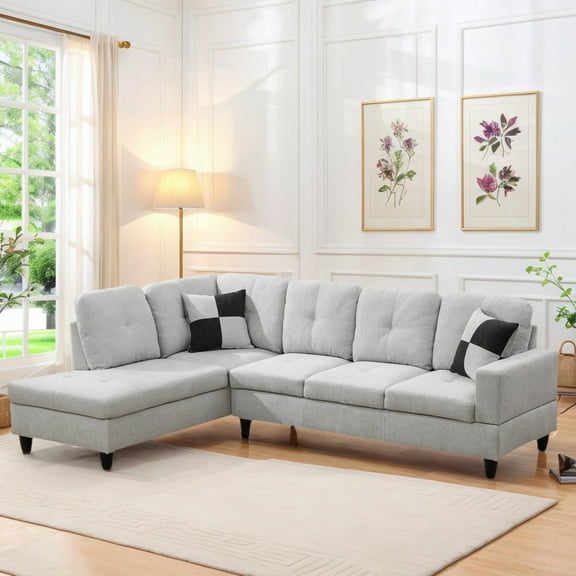 Hommoo 2-Piece Flannel Living Room Furniture Set, L-Shaped Sectional Couches and Sofa Set, Left Side, No Ottomans,Light Gray