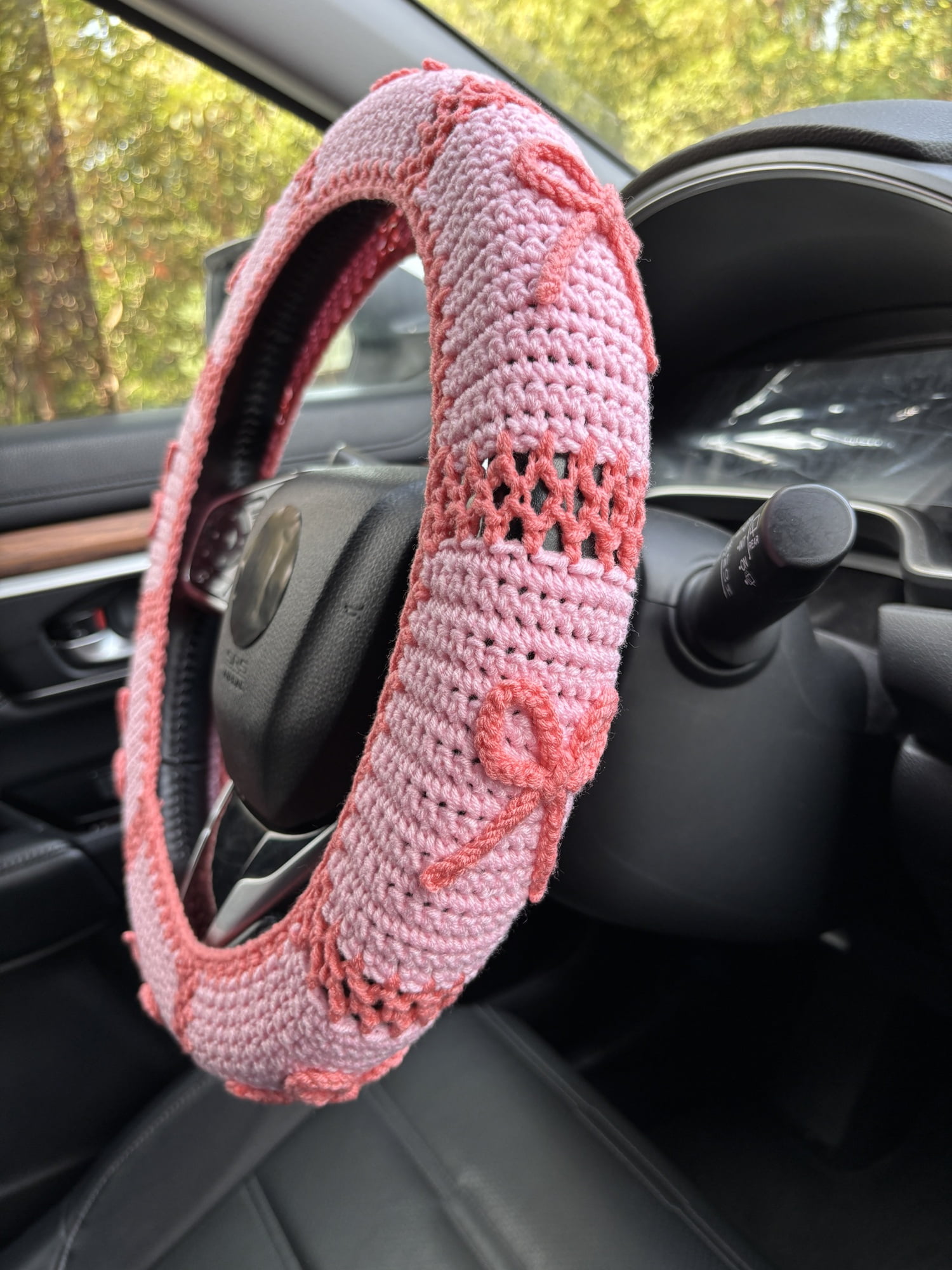 Crochet Pink Bow Car Steering Wheel Cover,Cute Car Interior Accessories