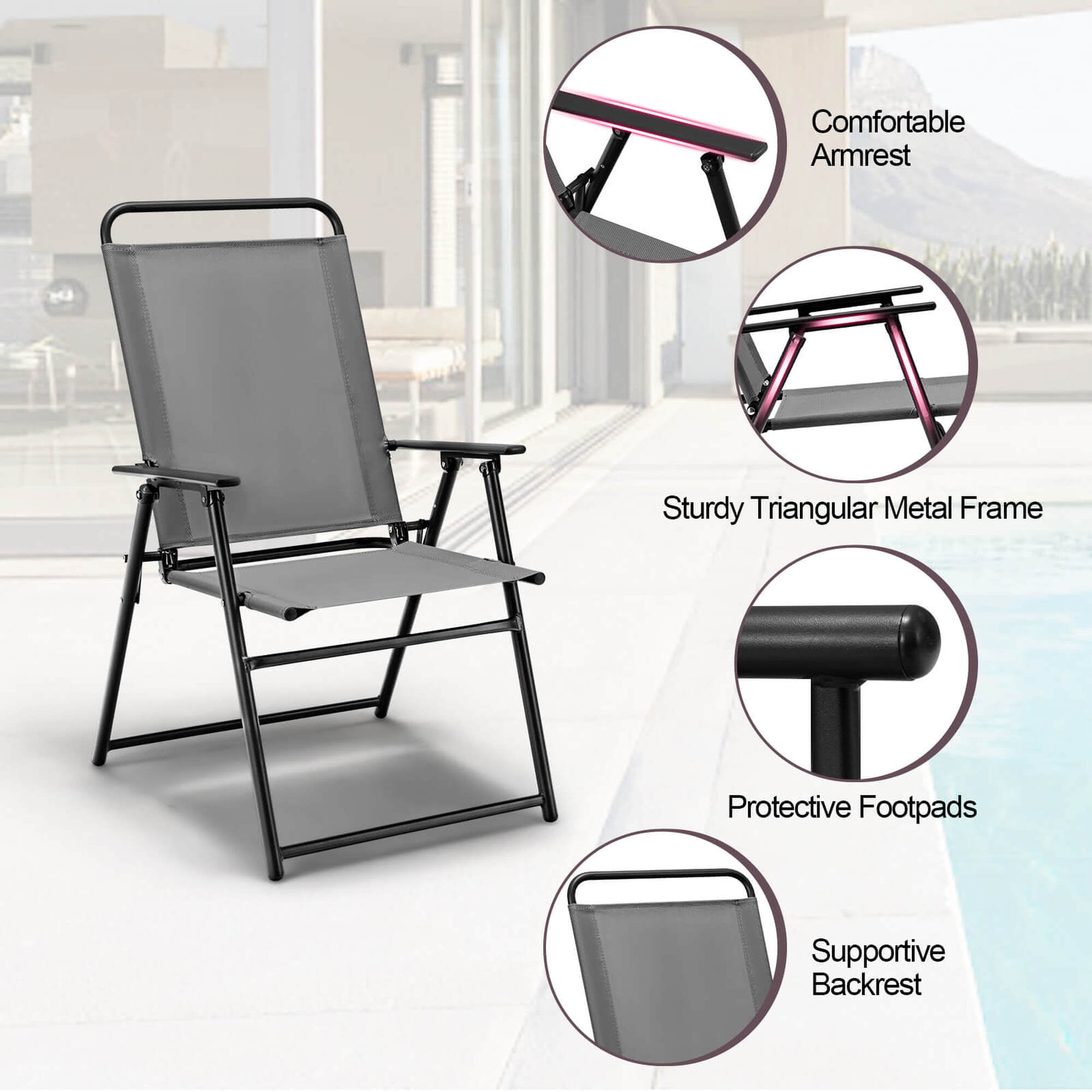 Costway 2pcs Patio Folding  Chairs Dining Armrest Backrest Outdoor Portable Gray