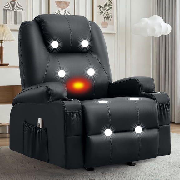 JMYMRY Recliner Chair with Heat and Massage, PU Leather, Adjustable Angle, Cup Holder, Side Pocket and USB Charge Port for Living Room, Black
