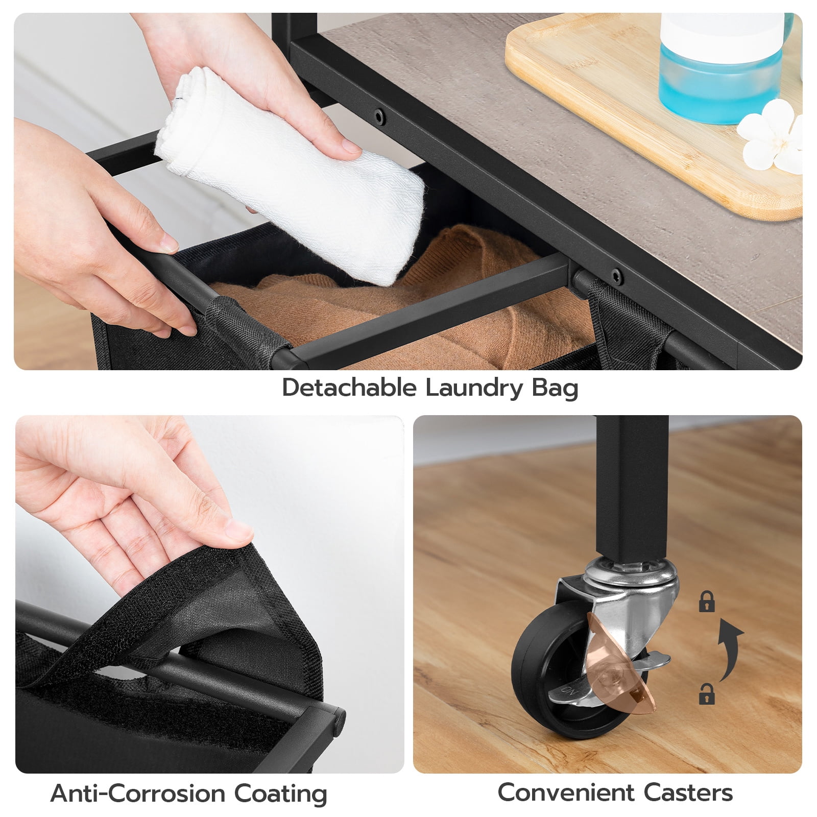 HOOBRO 3-Section Laundry Sorter with Wheels, 3 x 11.5 Gal, Removable Bags, Greige and Black