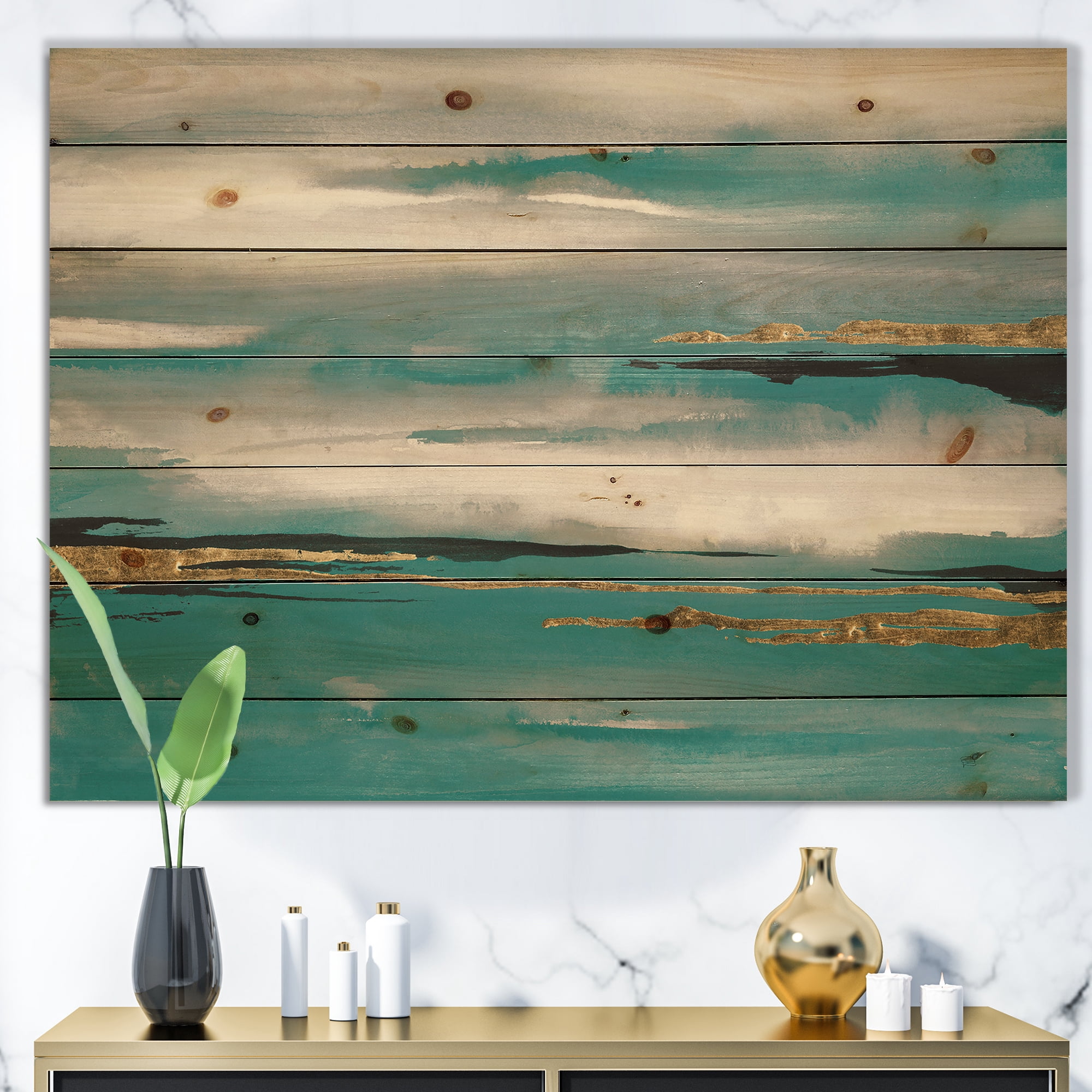 Designart 'Abstract Glam Teal Watercolor II' Modern & Contemporary Print on Natural Pine Wood
