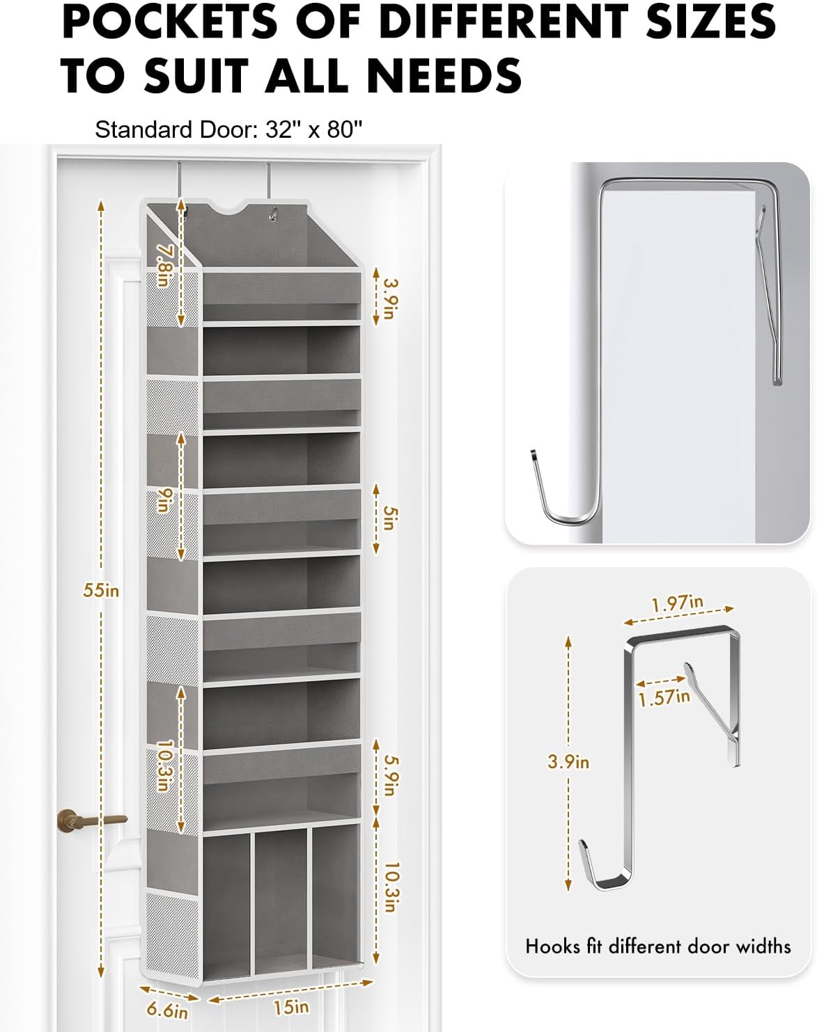 FOUKUS Over The Door Organizer 6 Clear Pockets, Gray photo 2
