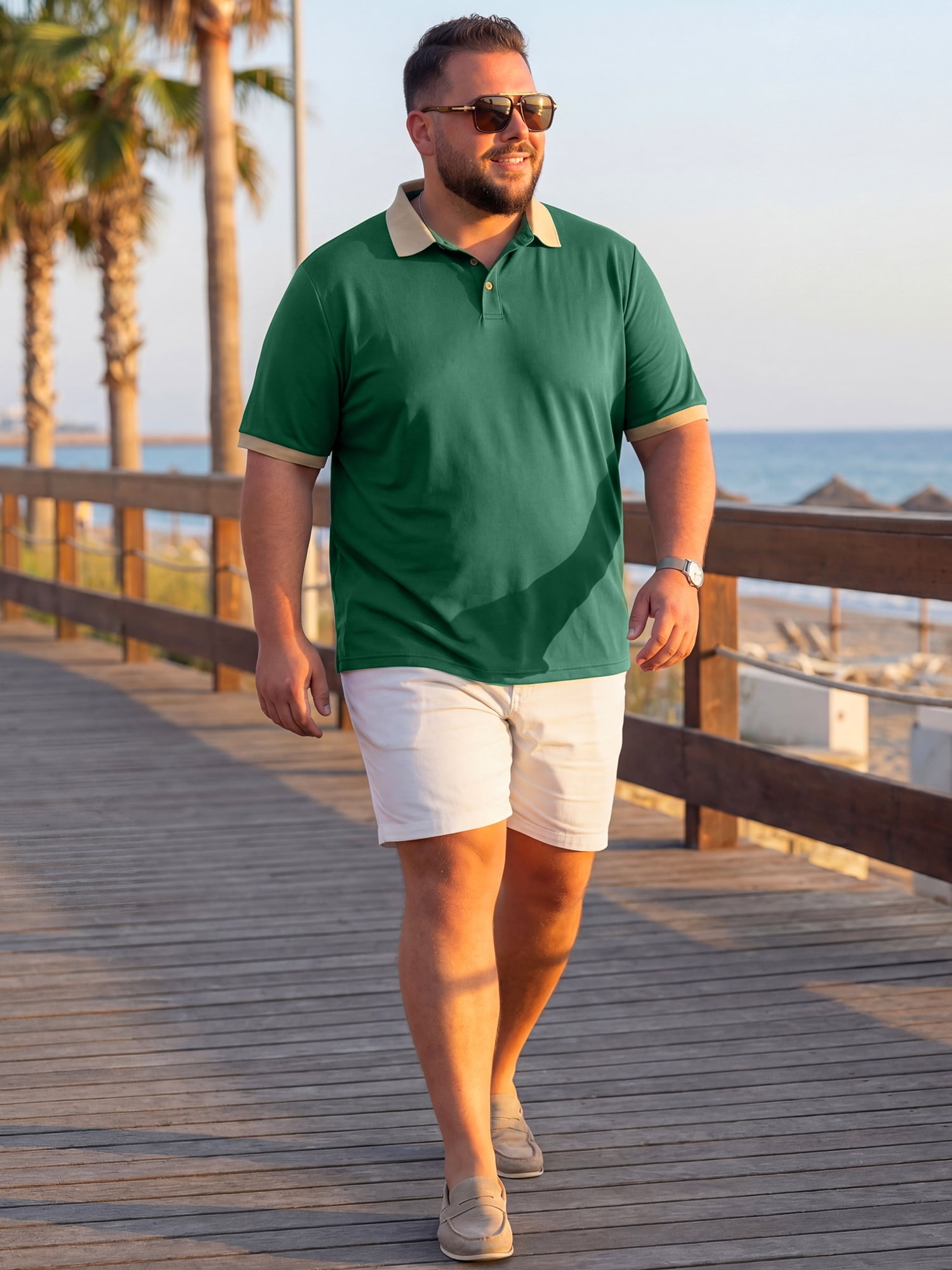 DARING DIVA Men's Contrast Collar Short Sleeves Breathable Polo Shirts 5XL Green