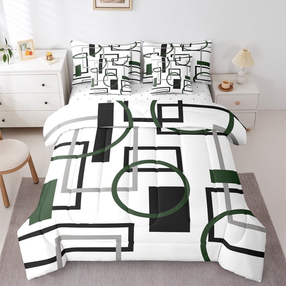 Manfei Abstract Ombre Twin Bedding Sets 7-Piece for Adult, Vintage Minimalism Bedding Comforter Set, Dark Green Circle Reversible Sheet Sets, Super Cozy Room Decor