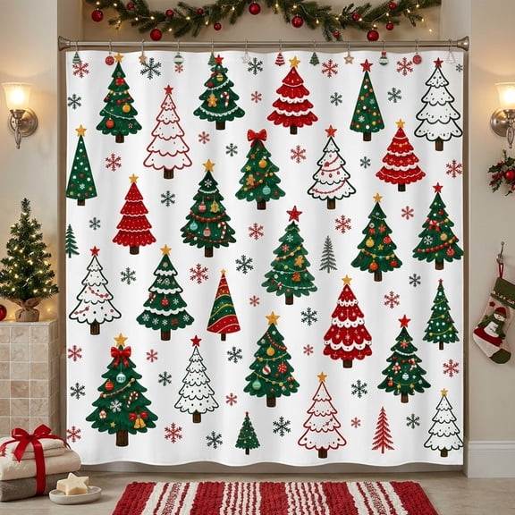 72x72in Christmas Tree Shower Curtain Set with Hooks for Bathroom Decor