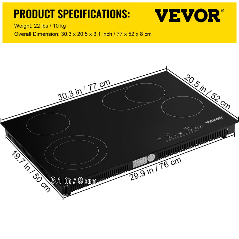 Electric Cooktop 30 inch, Electric Stove Top 4 Burner 7200W, POTFYA Build-in Electric Ceramic Cooktop for Cooking, 220-240V, Knob Control,No Plug