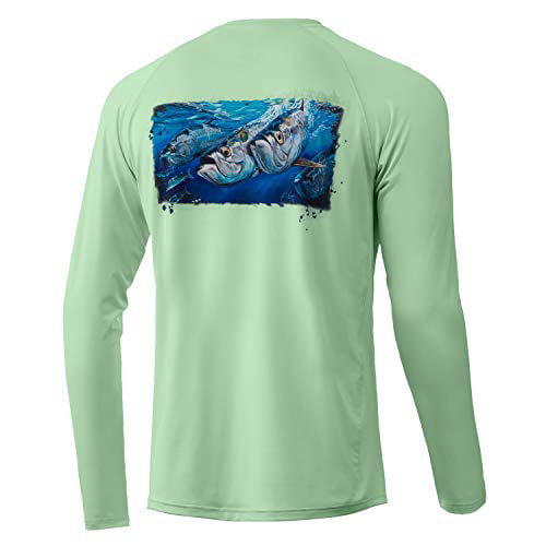 Medium Huk Mens Pursuit Bill Fish Art Slam White Long Sleeve Performance Fishing Shirt With +30 UPF Sun Protection