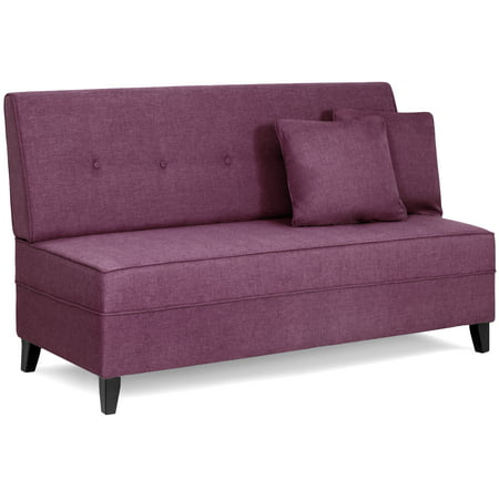 Best Choice Products Contemporary Linen Fabric Tufted Upholstered Armless Loveseat Sofa w/ Throw Pillows (Purple)