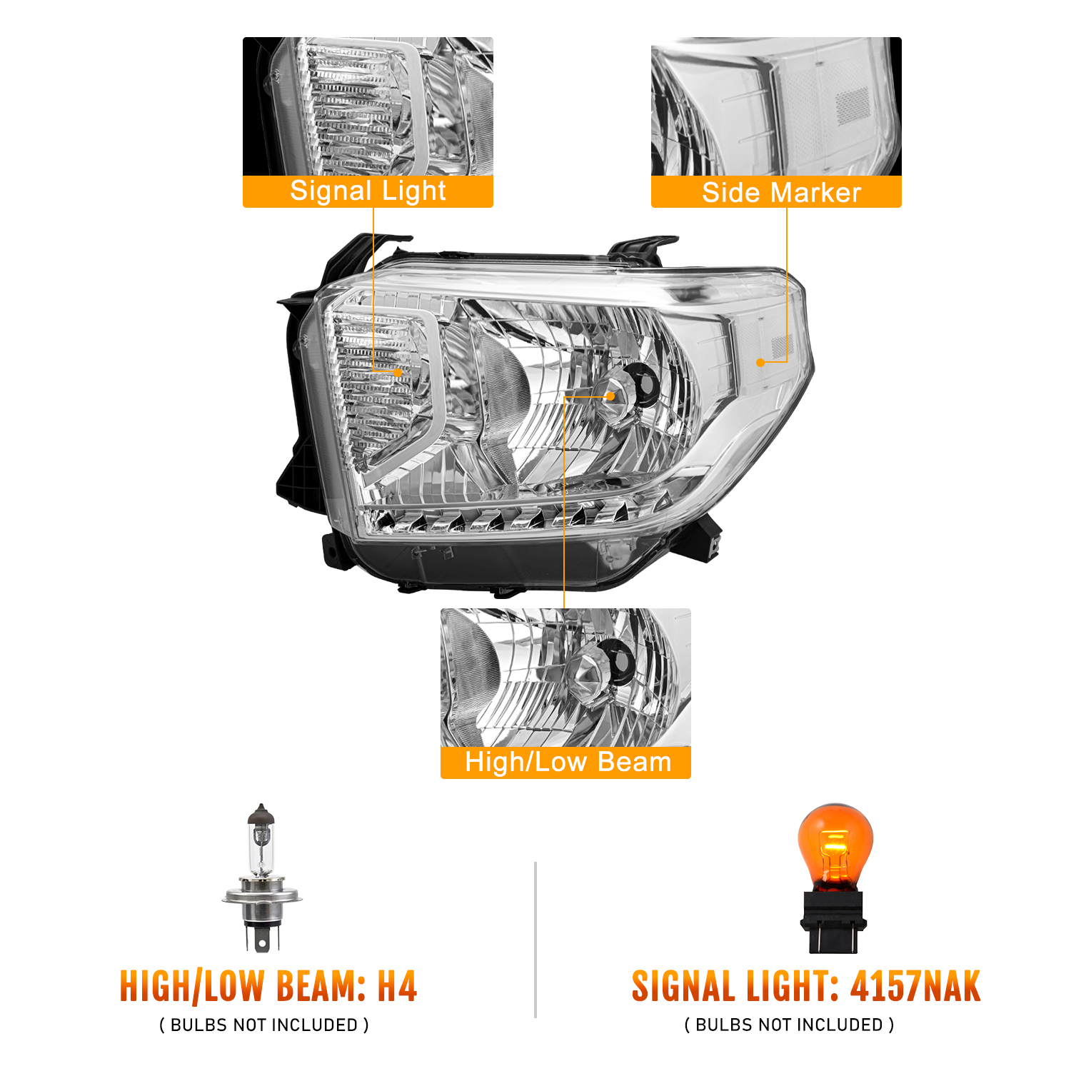 Headlights for 2014-2021 Toyota Tundra[W/oLevel Adapter&DRL] HeadLamps LH+RH