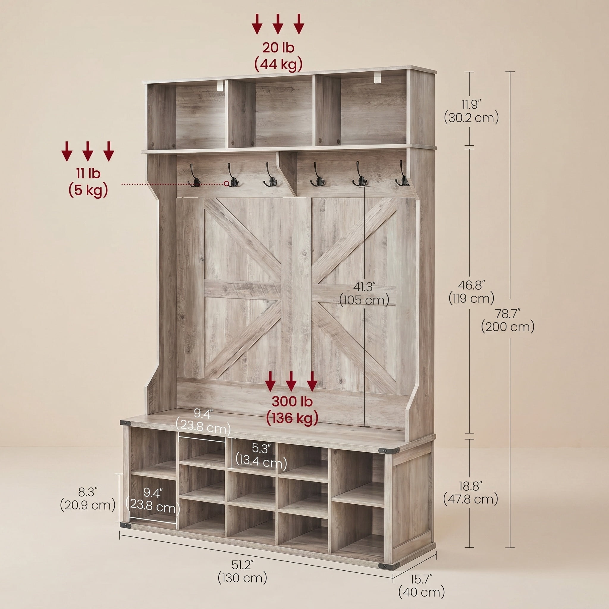 Nordic Hygge Farmhouse Hall Tree with 16-Compartment Shoe Storage & Bench, Heather Greige