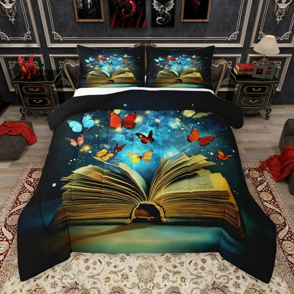 Manfei Magical Books Child Bedding Comforter Set, Fairy Tale Butterfly Twin Comforter Sets, Glitter Dreamy Galaxy Reversible Bedding Set, Breathable Home Decor, 2pcs