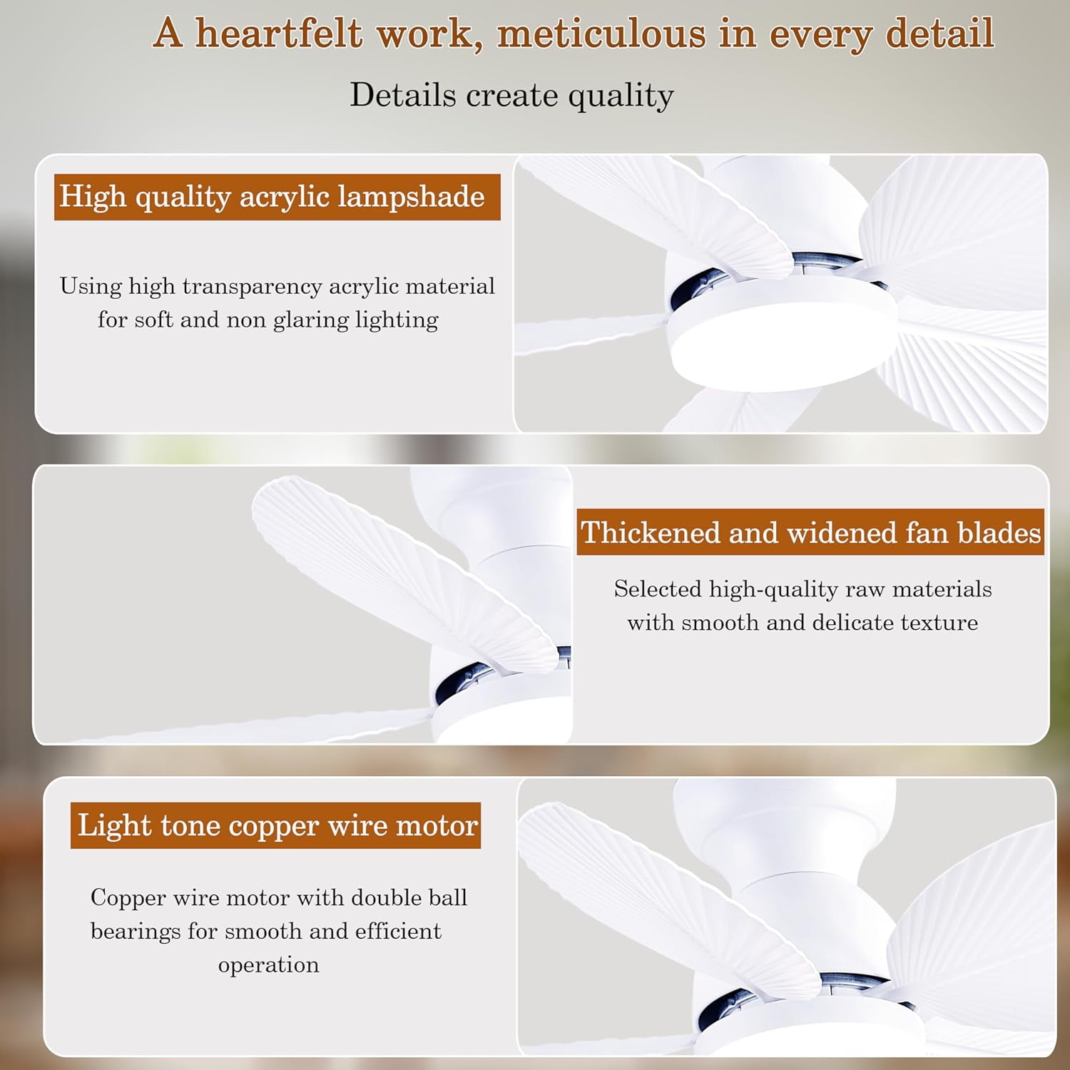 Tropical Ceiling Fans with Light, 38-inch Flush Mount Palm Leaf Ceiling Fans for Bedrooms, Indoors and Outdoors, Remote Control/APP Control, 6-Speed, Dimmable, Reversible, White.
