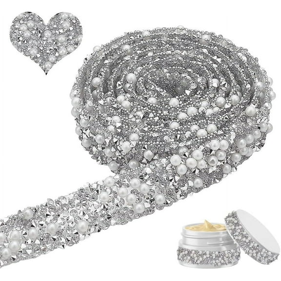 4 Yards Pearls Rhinestone Ribbon 0.6Inch Wide Self Adhesive Rhinestone Ribbons Resin Pearls Beaded Ribbon Bridal Lace Ribbon Trim for Wedding Bridal Dress Shoes Phone Decor Silver