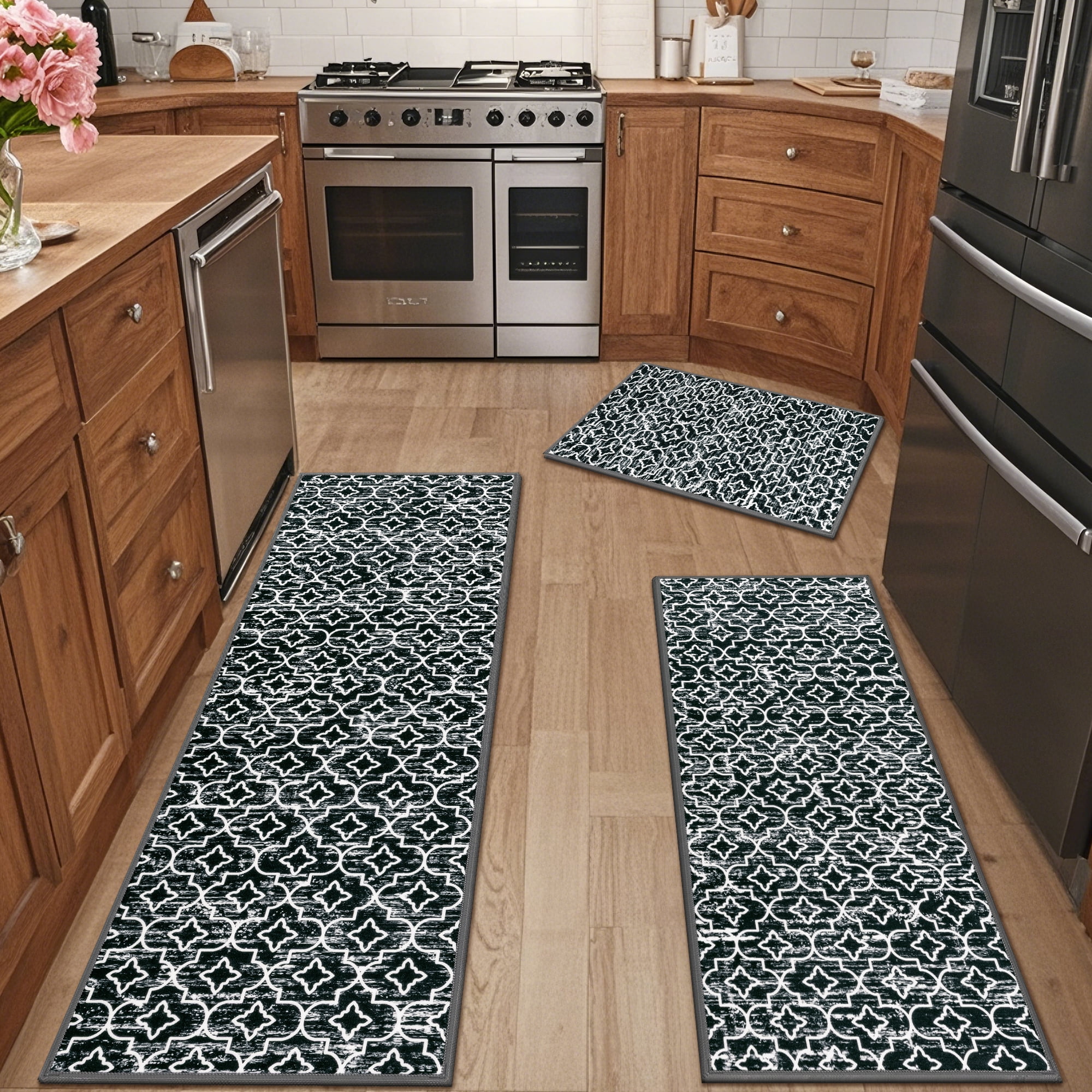 MeyJey Black Kitchen Rug Set 3 Piece, Non Slip Machine Washable Mats for Home Floor and Living Room
